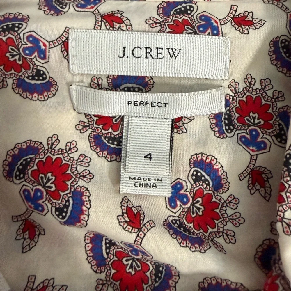 J Crew Cotton White Red Blue Perfect Paisley Long Sleeve Button Front Shirt Sz 4